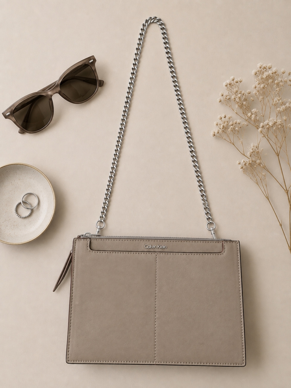 EUC Calvin Klein Taupe/Silver Chain Crossbody Shoulder Bag, 9.5"Wx6.5"Hx1.5"D